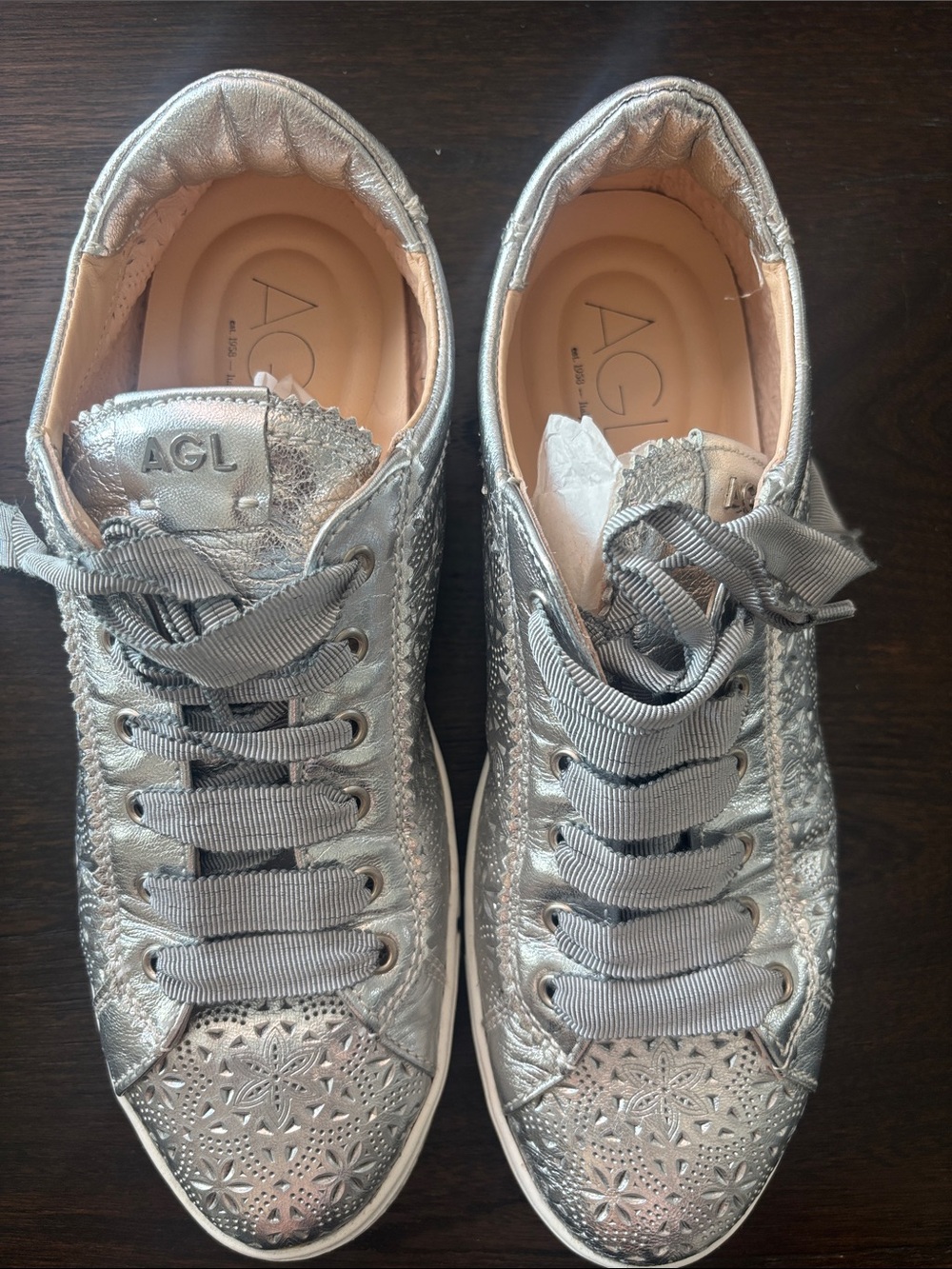 AGL Metallic Silver Perforated Ribbon-Lace Sneakers